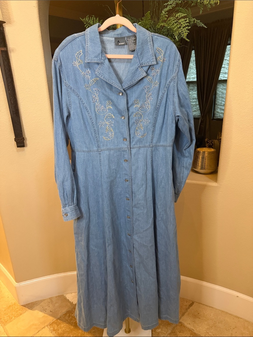 Vintage Liz Wear Embroidered Denim Maxi Dress